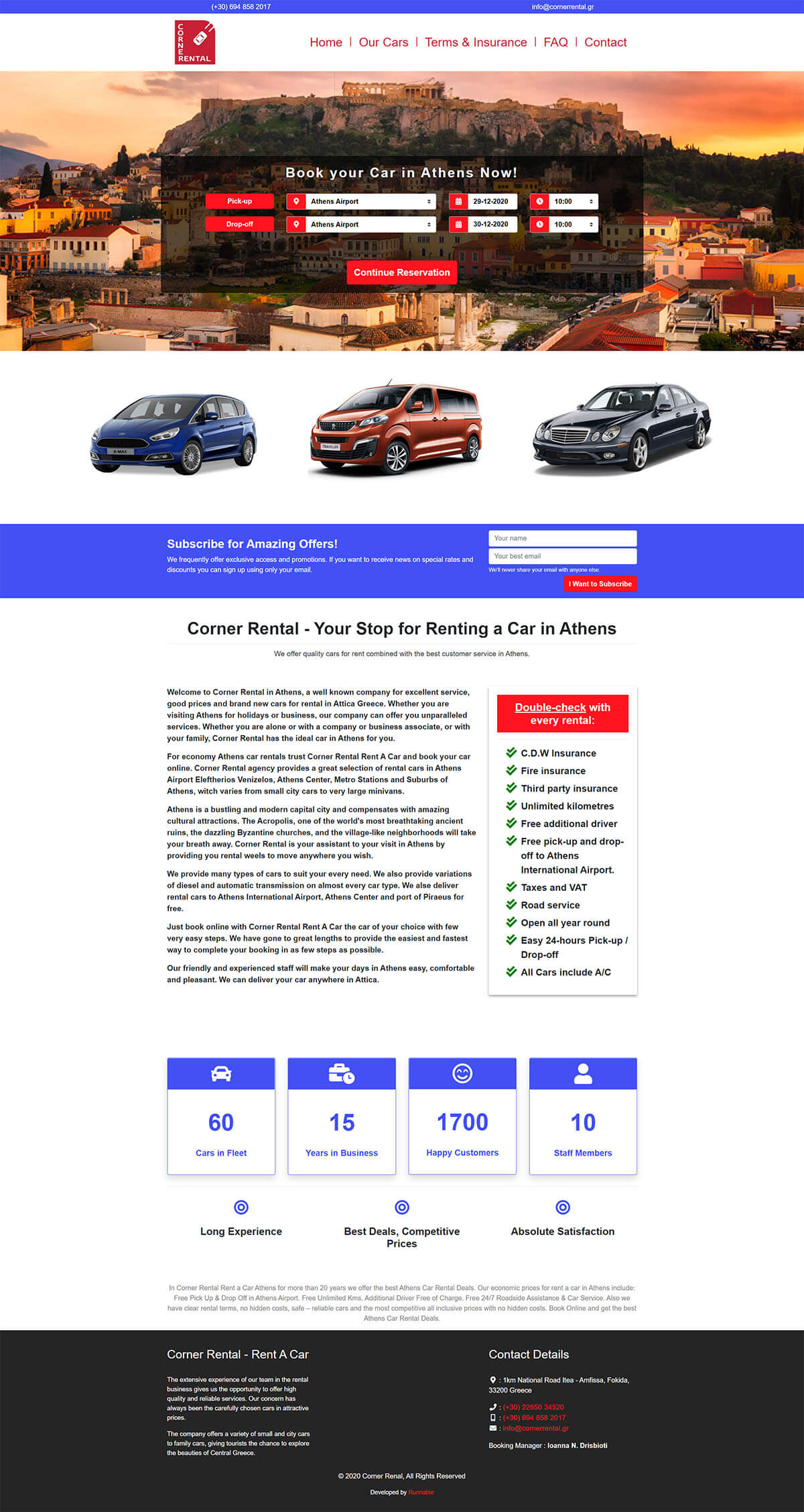 Corner Rental website with prominent pickup and drop-off booking form